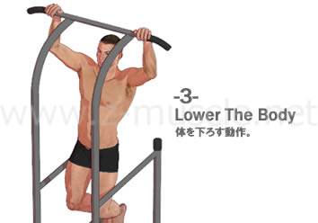 懸垂（ワイドグリップ・チニング）：体を下ろす動作